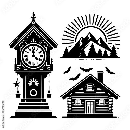 Black silhouette icons of a grandfather clock mountain sunset and log cabin with bats