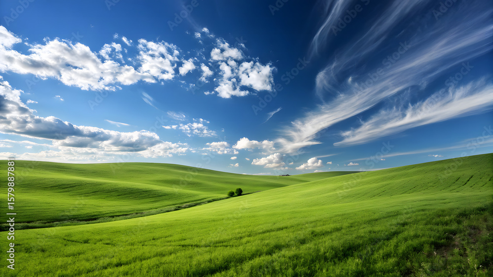 Fototapeta premium Vibrant green rolling hills under a bright blue sky with wispy clouds