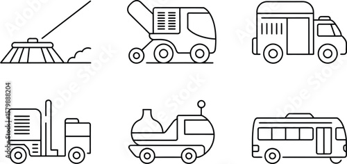 Line art illustration of various cleaning and transportation vehicles icons
