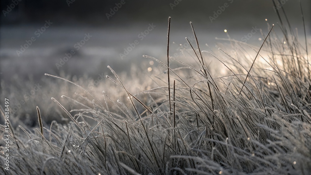 Obraz premium Frost-covered grass in a serene landscape.