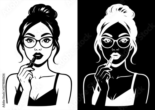 Chic Lady with Glasses Putting on Lipstick – Monochrome Beauty Illustration– Ink Line Art Portrait
