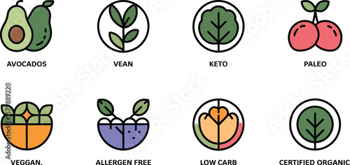 Icons representing different dietary options like vegan keto and paleo diets
