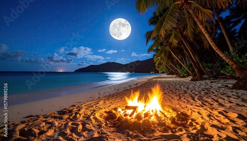 Tropical beach bonfire at night