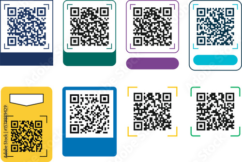 Set of framed QR code icons in colorful badge style for ID card, label tag, digital menu, and product scan in modern flat vector design