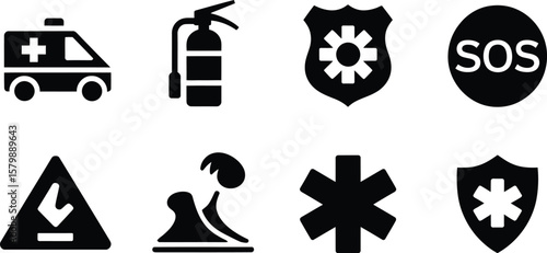 A collection of emergency and safety icons displayed on a white background