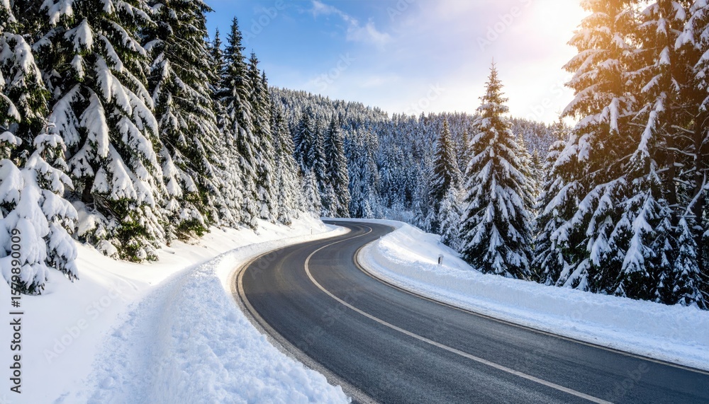 Fototapeta premium Snowy mountain road, sunlit trees