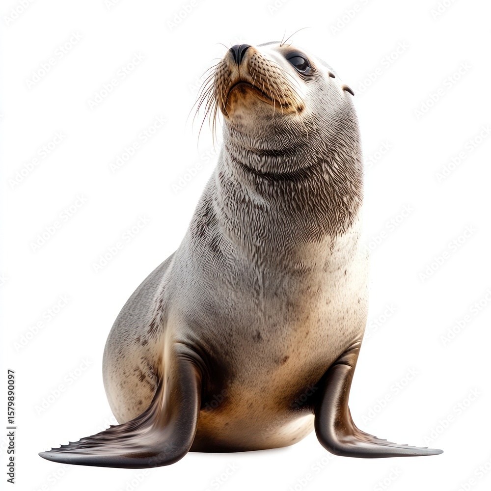 Fototapeta premium A playful seal, isolated on white, sharp focus on its fur and aquatic anatomy