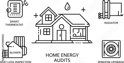 Home energy audits with smart thermostat radiator and window upgrade icons