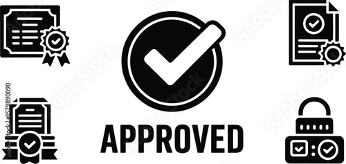 Approved icons with certificates and padlock on a light gray background