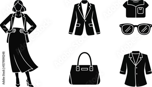 Illustration of woman in blazer with skirt and other fashion accessories