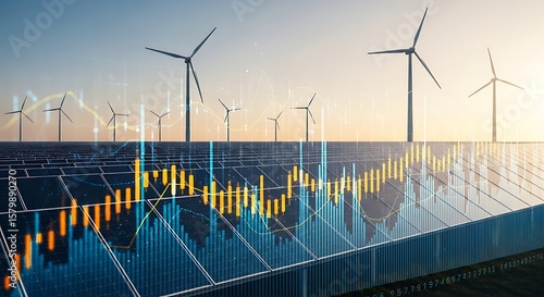 Renewable Energy Investment and Financial Growth with Wind Turbines and Solar Panels Overlayed with Stock Market Charts and Data
