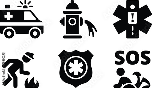 A set of emergency service icons including ambulance fire hydrant and sos signal
