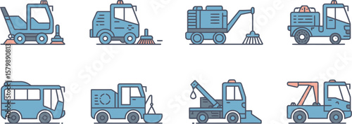 Illustration of various blue service vehicles on a light gray background