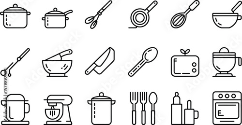 A collection of kitchen utensils and appliances in outline style icons set