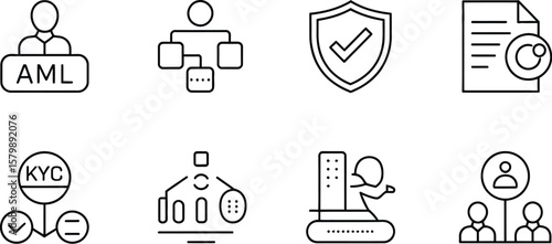 A set of eight outline icons representing aml kyc and compliance concepts