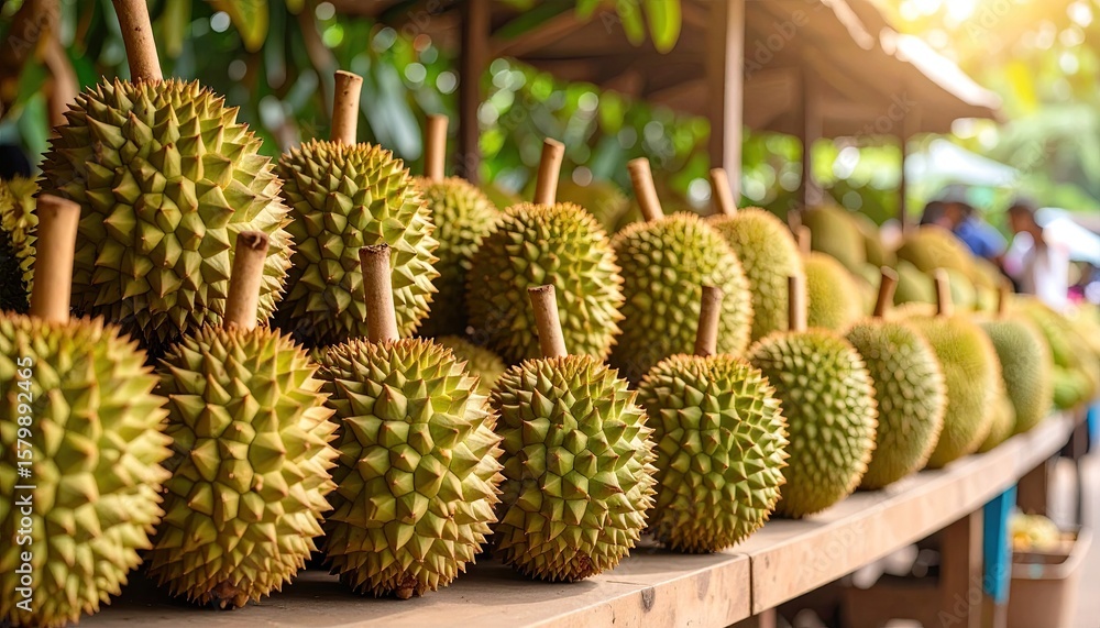 Obraz premium Stacked durian fruits on wooden shelves