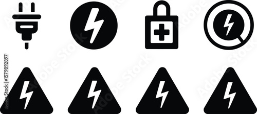 A collection of electrical hazard and safety icons in black and white style