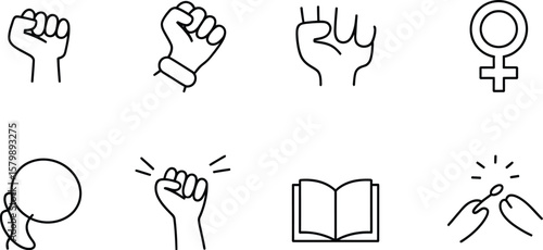 A collection of eight minimalist line art icons on a white background view