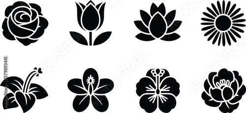 A set of eight different flower icons in black on a white background