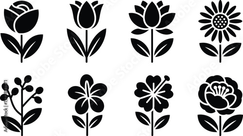 A collection of eight different flower icons in black on a white background