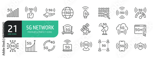 Set Of 5G Network Line Icons. Set contains such icons as 5G Network, Cloud Computing, Big Data, Internet, and more