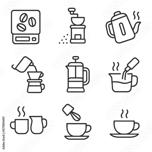 Beans pouring pressing icon coffee icons vector water over brewing weighing plunger
