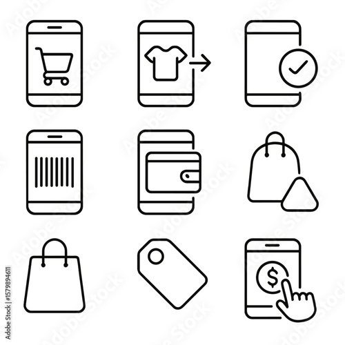 Vector phone tap price barcode purchase tag bag icons mobile shopping icon