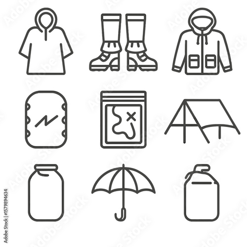 Vector hooded hiking packable gear rain icon waterproof backpack tarp pouch map