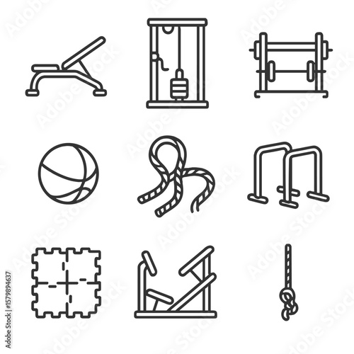 Bench vector equipment cable rack climbing barbell gym battle medicine icons icon