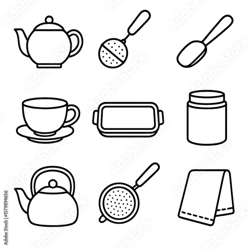 Vector towel accessory strainer infuser kettle teapot icon tea tray cup icons