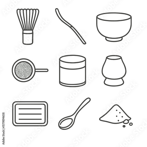 Tray powdered icons vector matcha bamboo whisk spoon icon accessories tin stand
