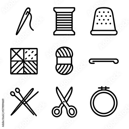 Icons diy sewing thimble hook spool square textile yarn needles icon vector