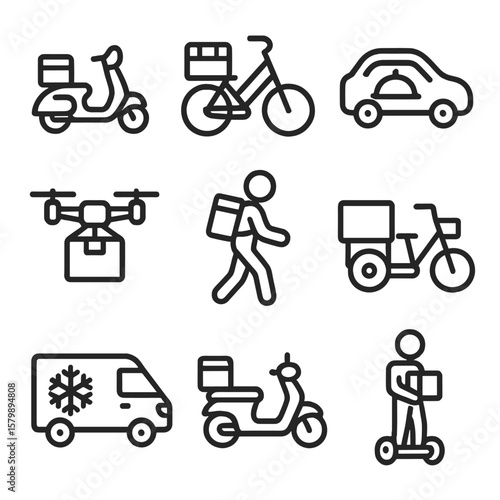 Scooter food vehicle hoverboard insulated courier box bicycle vector delivery moped icon