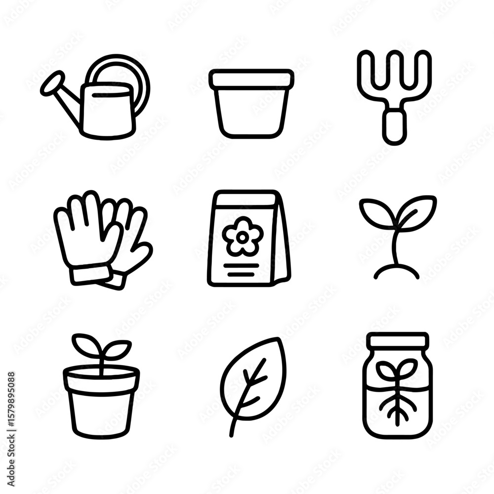 Fototapeta premium Cartoon icon vector sprout small watering icons kids labeled gardening packet rake