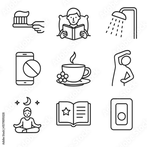 Shower out brushing icons teeth icon routine off night sleep reading vector