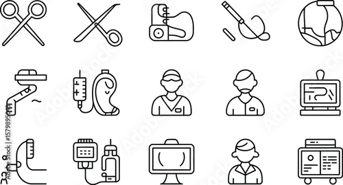 Depiction of medical equipment and personnel in line art illustration