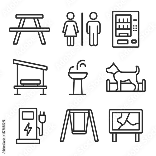 Station rest area map restroom icon dog vector playground picnic stop bench