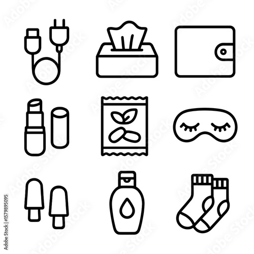 Sanitizer mask snacks phone charger wallet grid vector socks balm essential icon