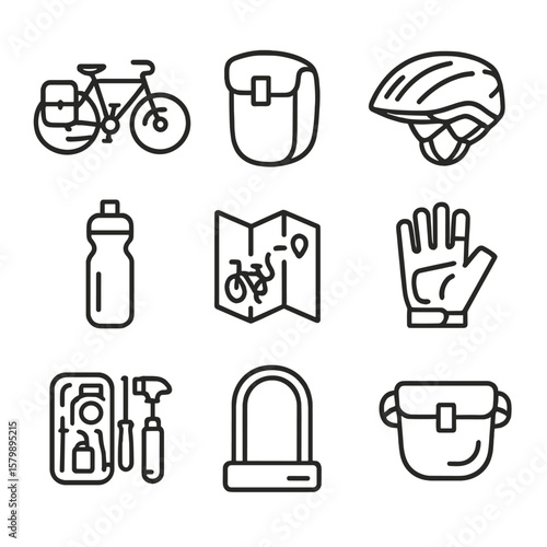 Lock icons handlebar travel water gloves bicycle bike icon vector helmet touring