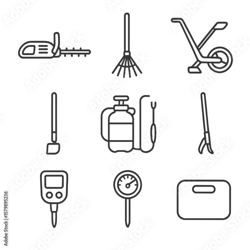 Vector weed icons trimmer tool leaf wheel icon sprayer puller garden thermometer