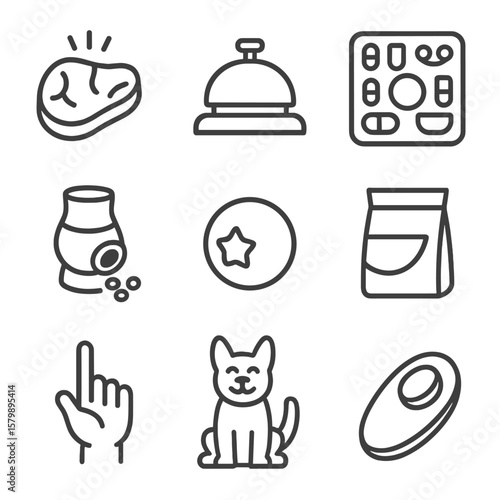 Pet marker icons training treat click hand toy happy pose vector reward