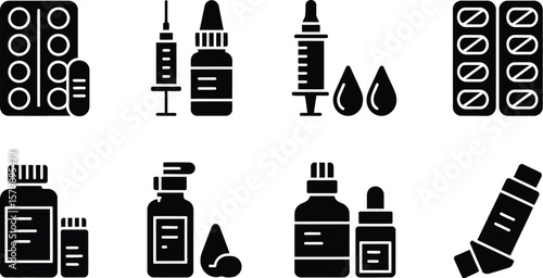 Illustration of various medical supplies including pills and injections