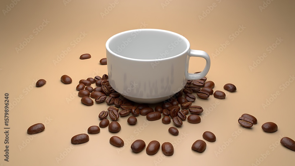 Obraz premium Empty Coffee Cup Surrounded by Roasted Coffee Beans