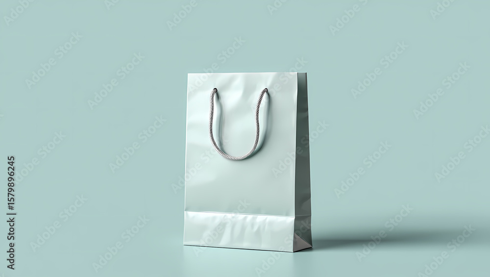 Clean Glossy White Paper Shopping Bag with Grey Rope Handles on a Soft Light Blue Background, Perfect for Retail Branding, Gifts, and Product Packaging Mockups. Clean Glossy White Paper Shopping Bag with Grey Rope Handles on a Soft Light Blue Background, Perfect for Retail Branding, Gifts, and Product Packaging Mockups.