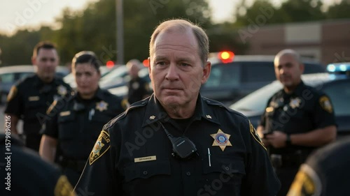 Serious older male sheriff deputy addresses his officers during an outdoor roll call. A veteran law enforcement officer stands with his team of deputies.