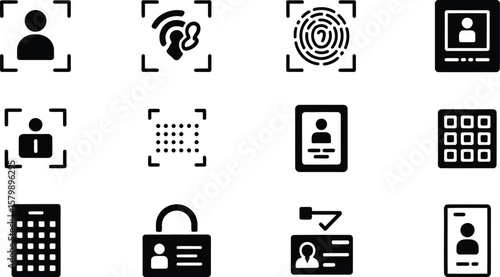Illustration of various biometric and identification related black icons