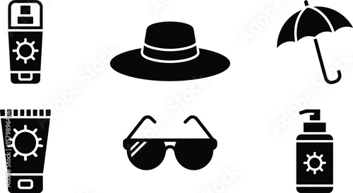 Illustration of sun protection items including sunscreen and accessories