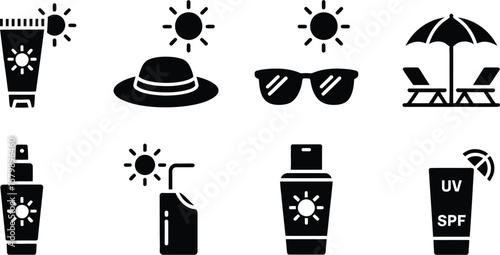 Illustration of sun protection items including sunscreen and beach accessories