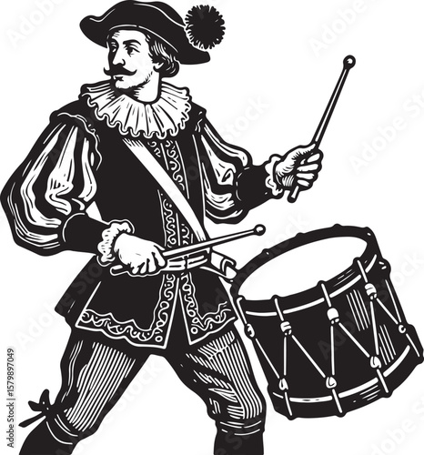 Renaissance drummer playing a large drum with drumsticks