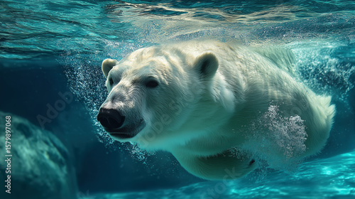 Majestic Polar Bear Swimming Gracefully in Crystal Clear Water, Showcasing Its Natural Habitat and Aquatic Grace Underwater